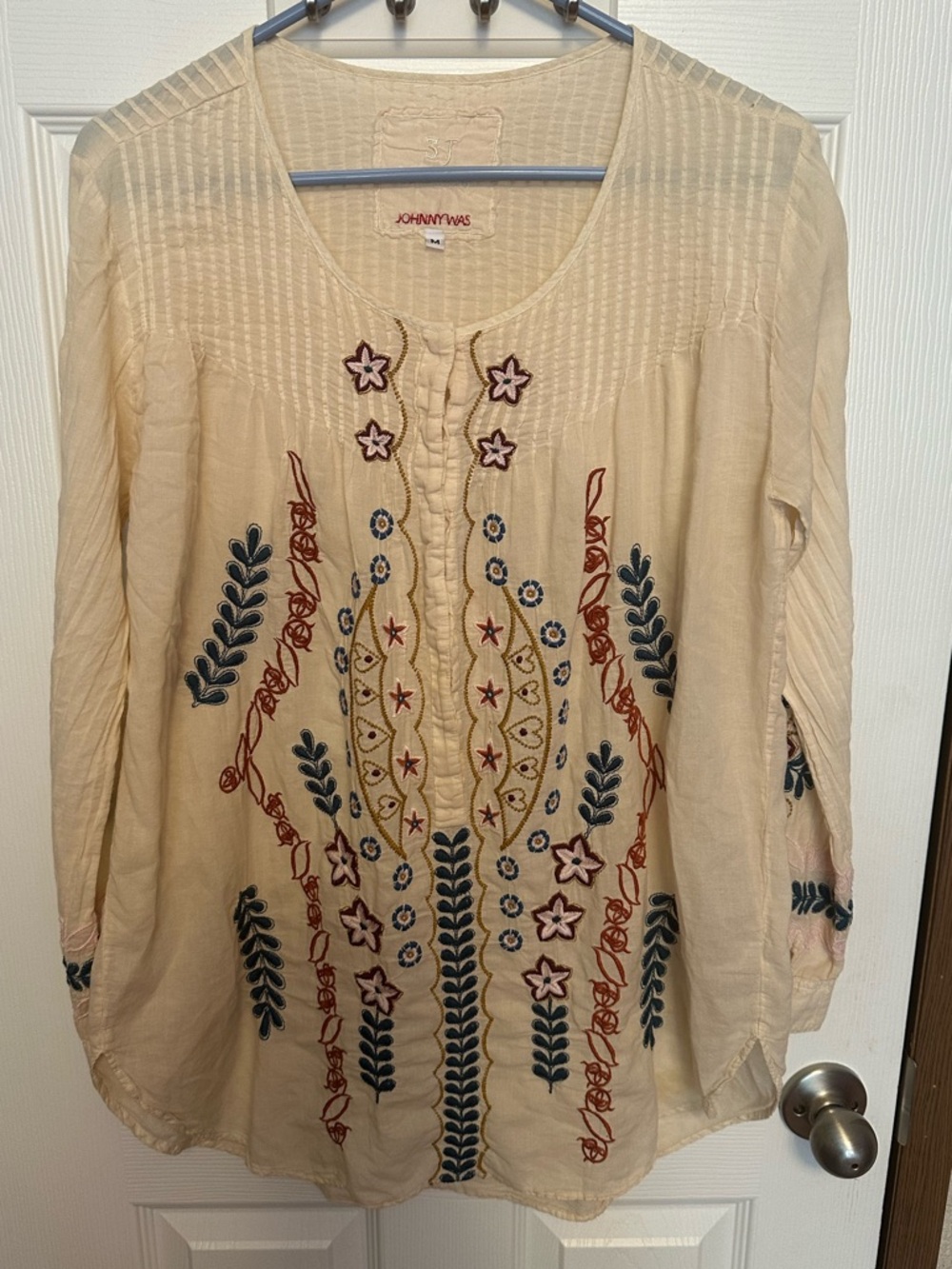 Johnny Was Cream Embroidered Tunic with Navy, Rust and Yellow Accents